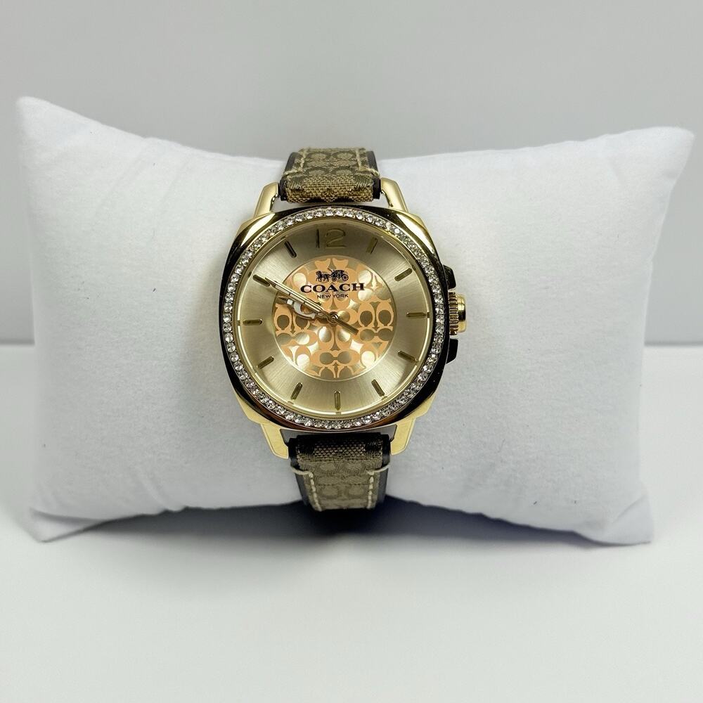 COACH 14503150 Boyfriend Brown Signature Leather Gold Steel Pave Women’s Watch